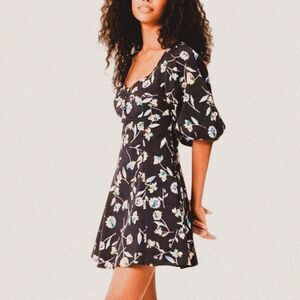 Nicholas Lydia Black Floral Mini Dress Romantic Cottagecore Cotton-Blend Twill 8